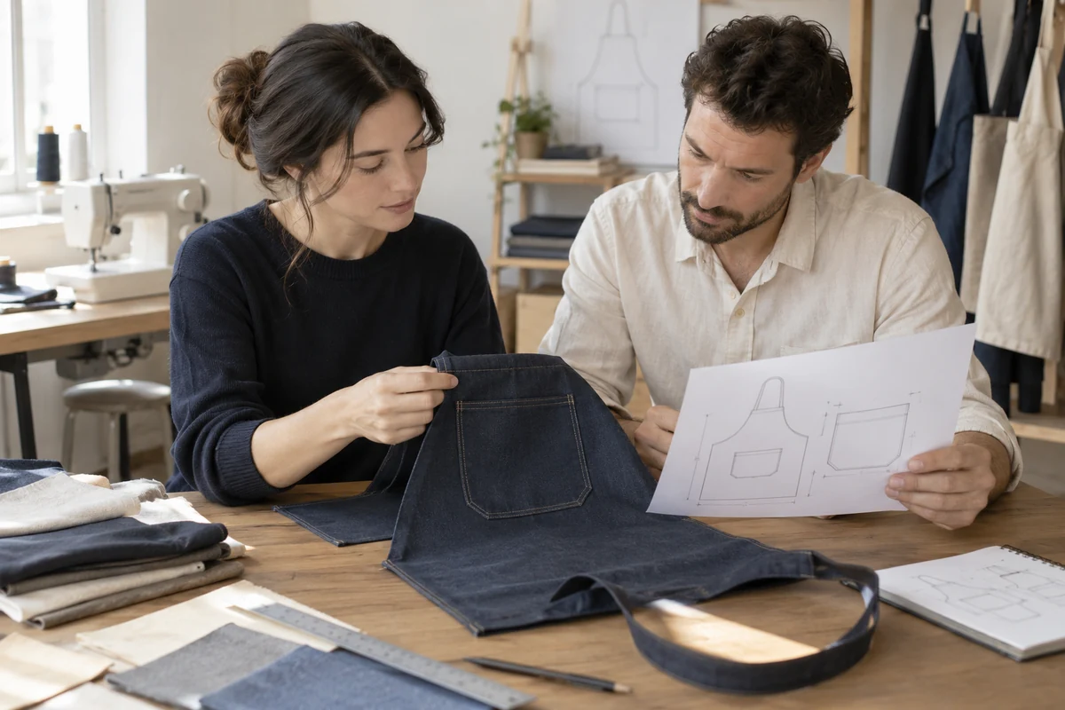 AI-generated illustration of designers comparing an apron pocket with its specifications.