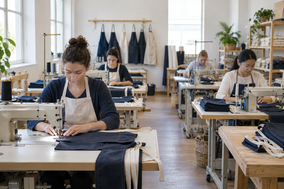 AI-generated illustration of rows of sewing stations in an apron workshop.