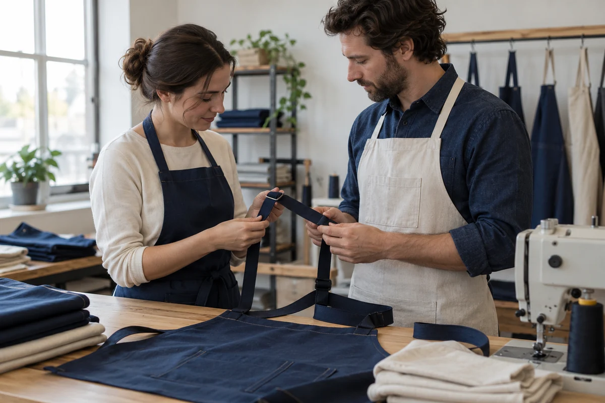 AI-generated illustration of two workers checking apron shoulder straps at a workbench.