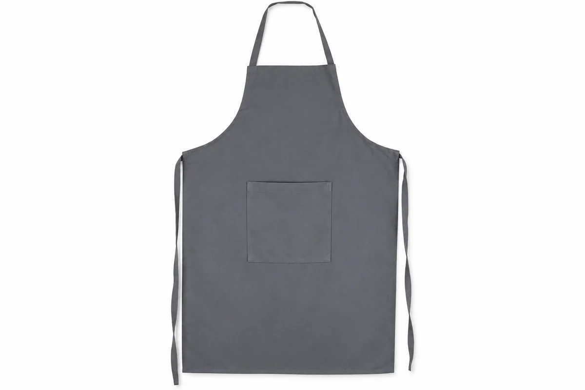 Gray bib apron with a neck strap, front pocket and waist ties.