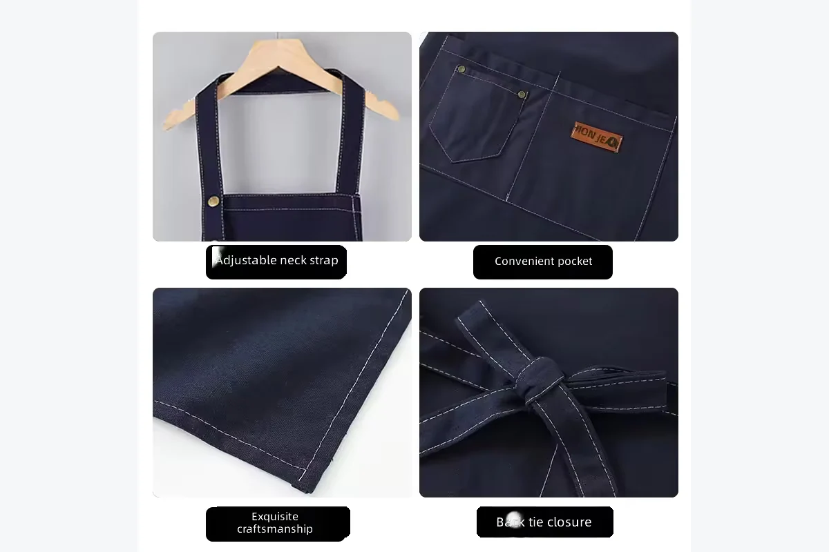Navy apron details showing an adjustable neck strap, front pocket, stitched hem, and back tie.