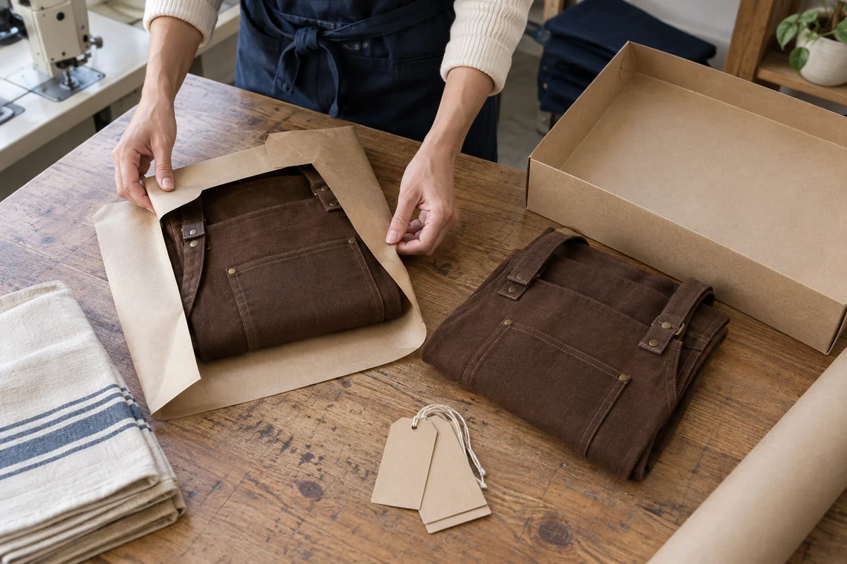 AI-generated illustration of folded brown barista aprons with packaging and tags.