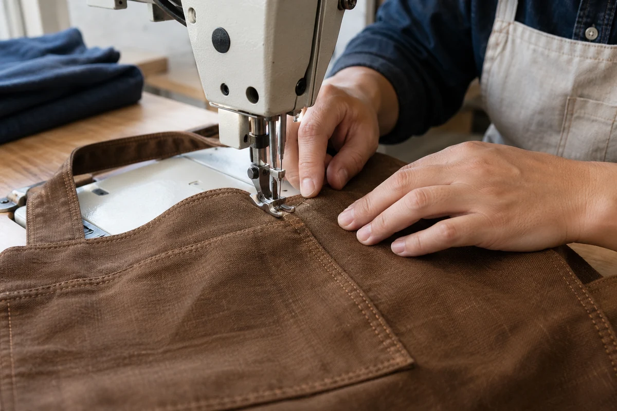AI-generated illustration of a pocket being sewn onto a brown apron.