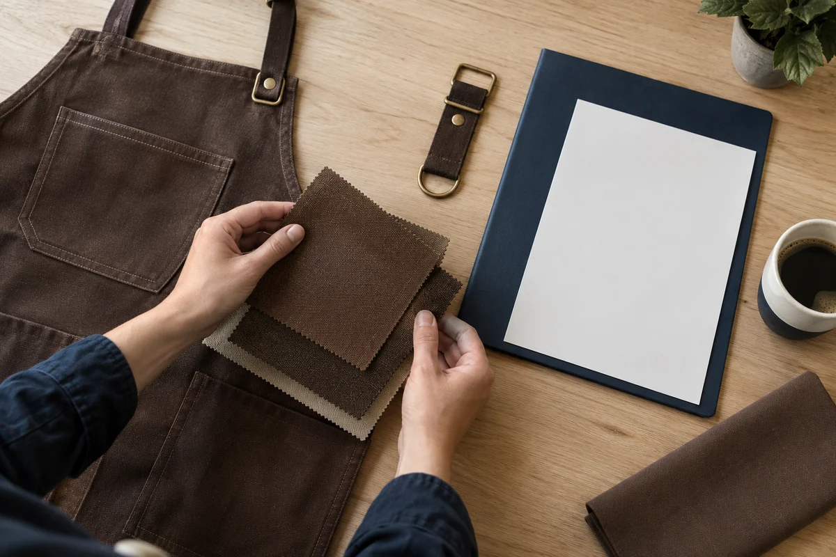 AI-generated illustration of brown fabric swatches, apron strap hardware, and a blank document sheet.