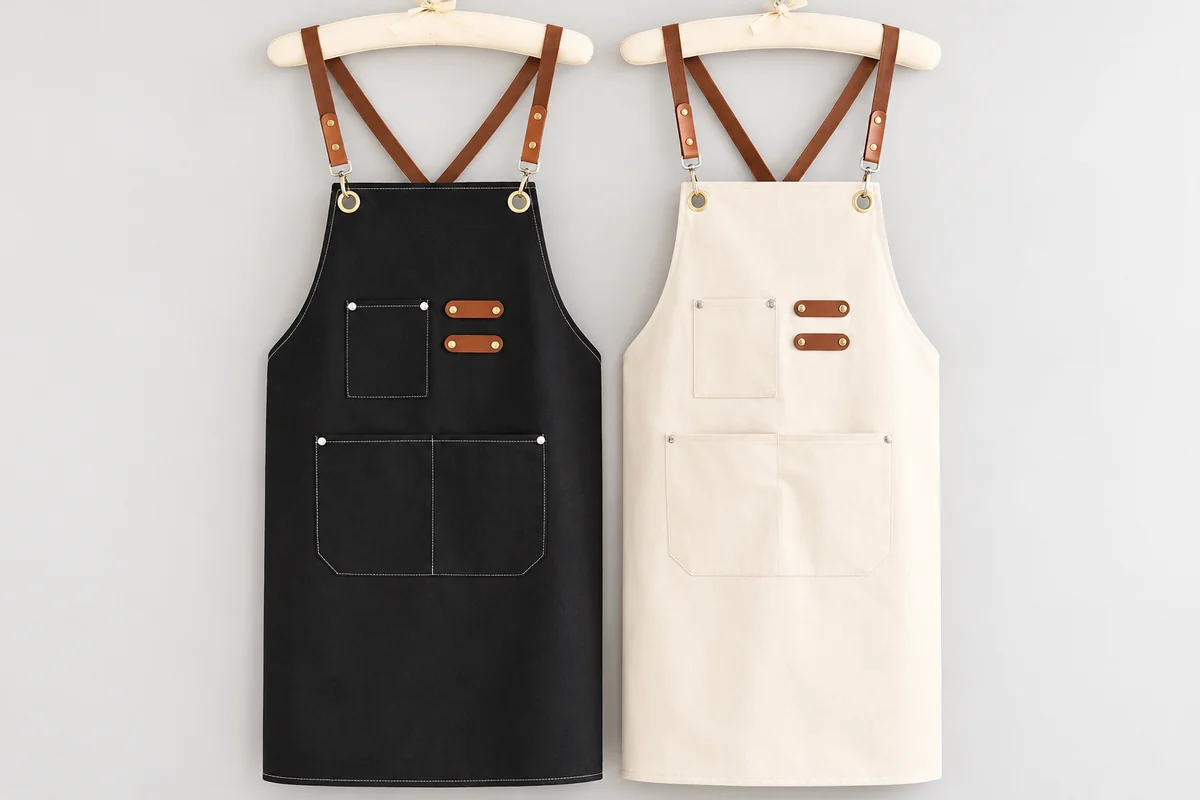 Black and cream aprons hanging side by side.