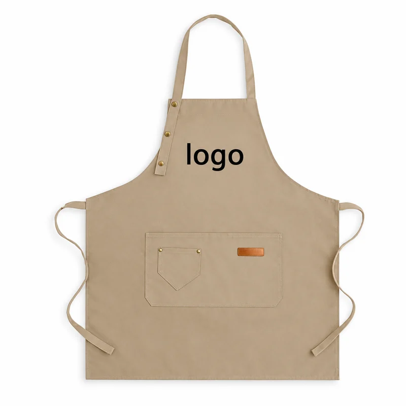 Beige bib apron with a front pocket, neck strap, and logo placement.