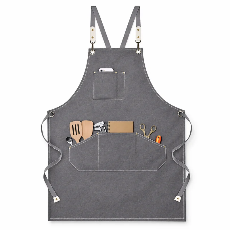 Gray apron with divided pockets for small tools.