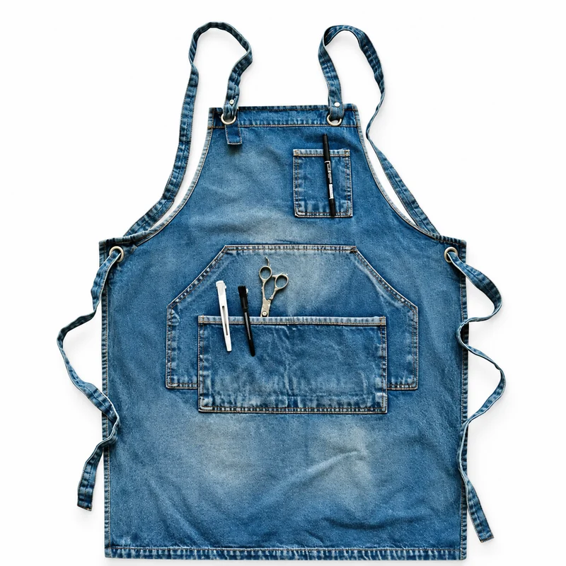 Washed blue apron with shoulder straps and front pockets.