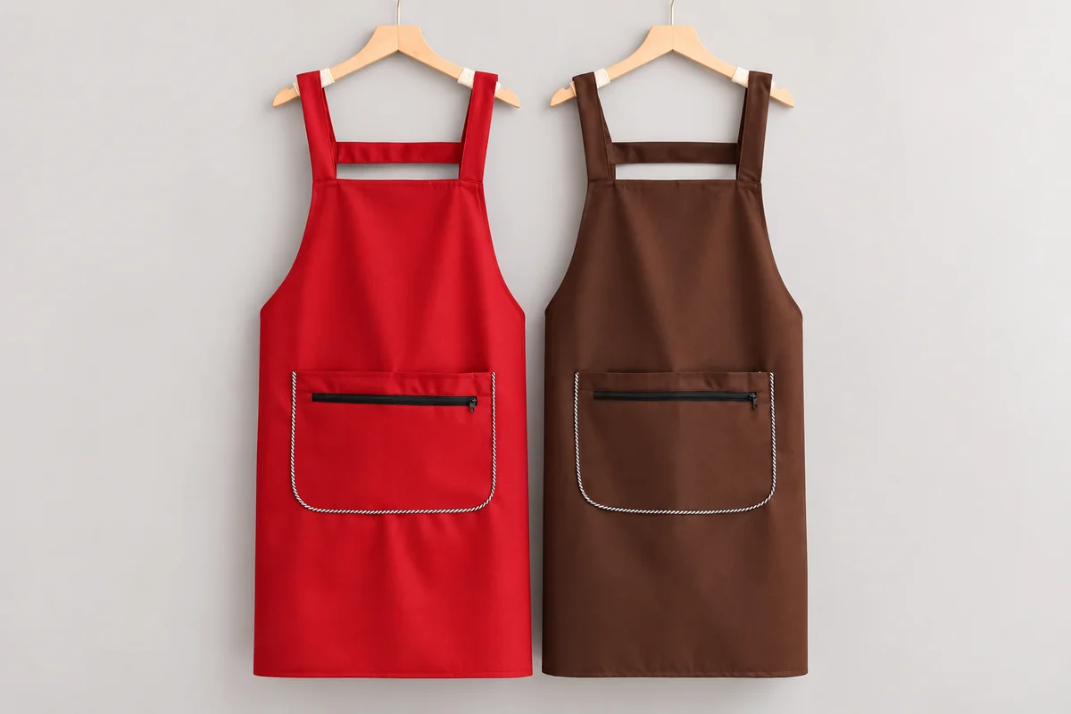 Red and brown bib aprons hanging side by side.