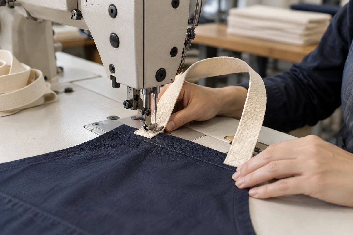 AI-generated illustration of sewing a cream neck strap onto a bib apron panel.