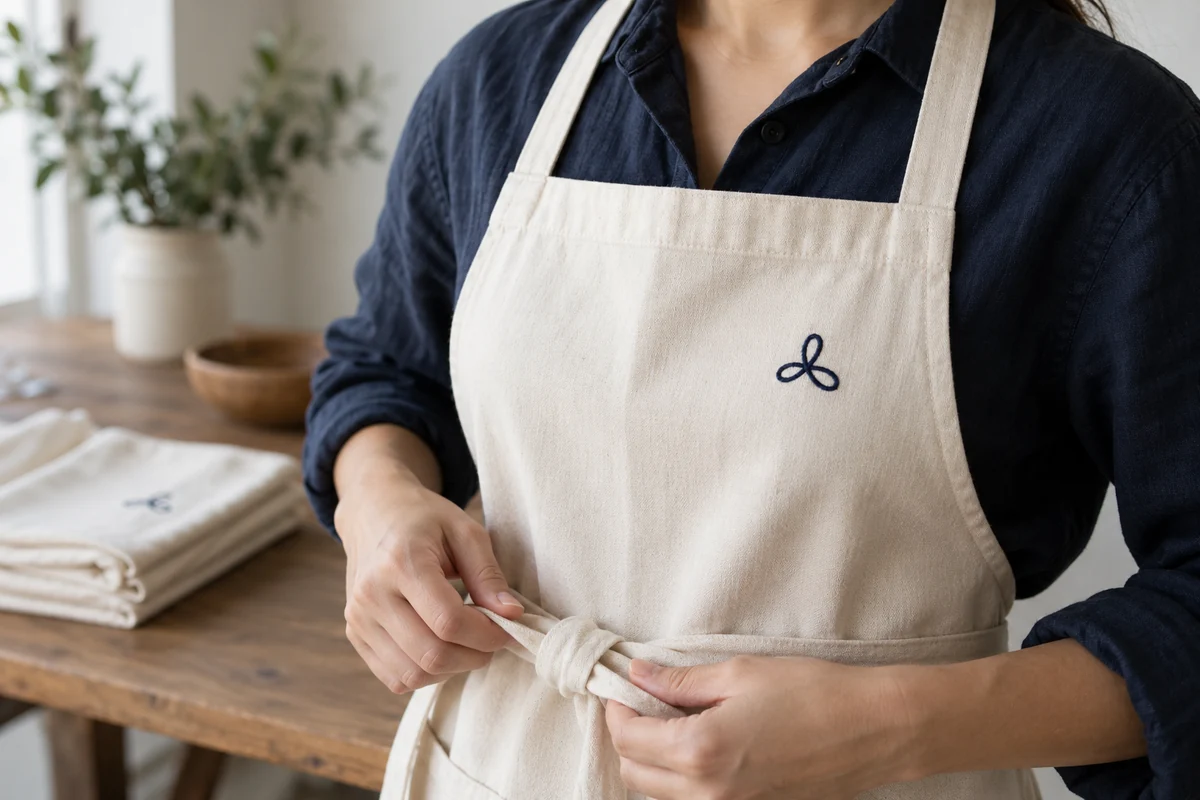 AI-generated illustration of a navy embroidered emblem on a cream bib apron.