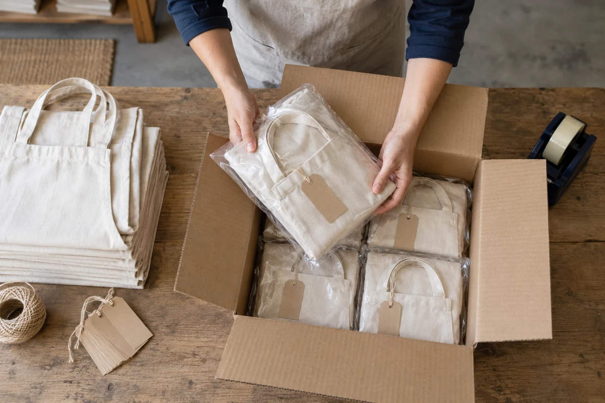 AI-generated illustration of folded cream bib aprons with packaging and tags.