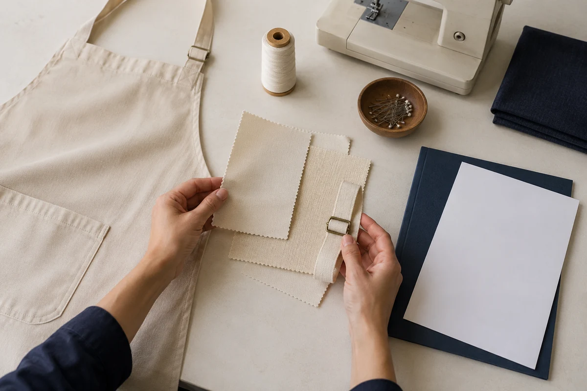 AI-generated illustration of cream fabric swatches, apron strap hardware, and paperwork.