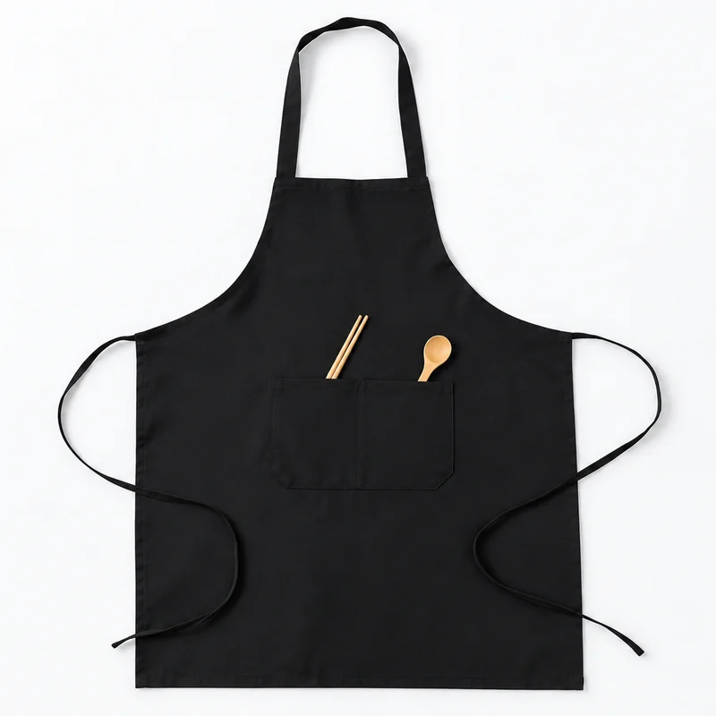 Black bib apron with divided front pockets.