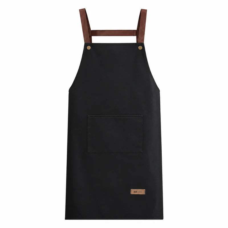 Black apron with brown shoulder straps and a rectangular front pocket.