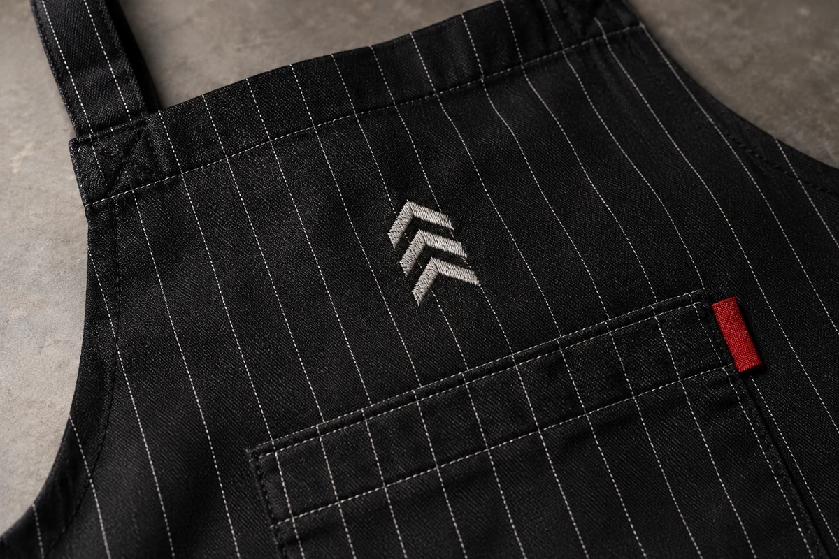AI-generated illustration of embroidered chevrons and a red label tab on a striped chef apron.