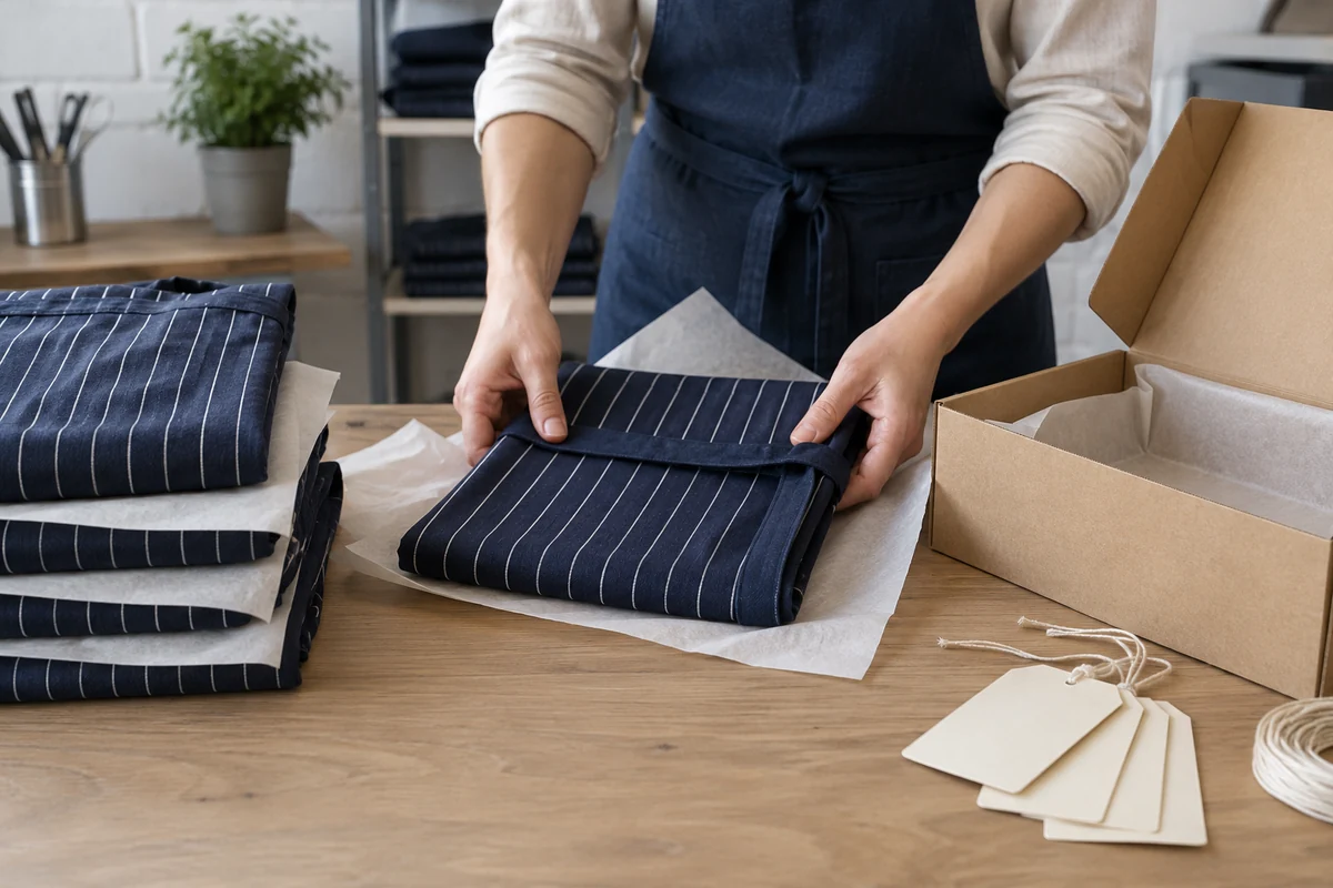 AI-generated illustration of folded navy pinstriped chef aprons with packaging and tags.