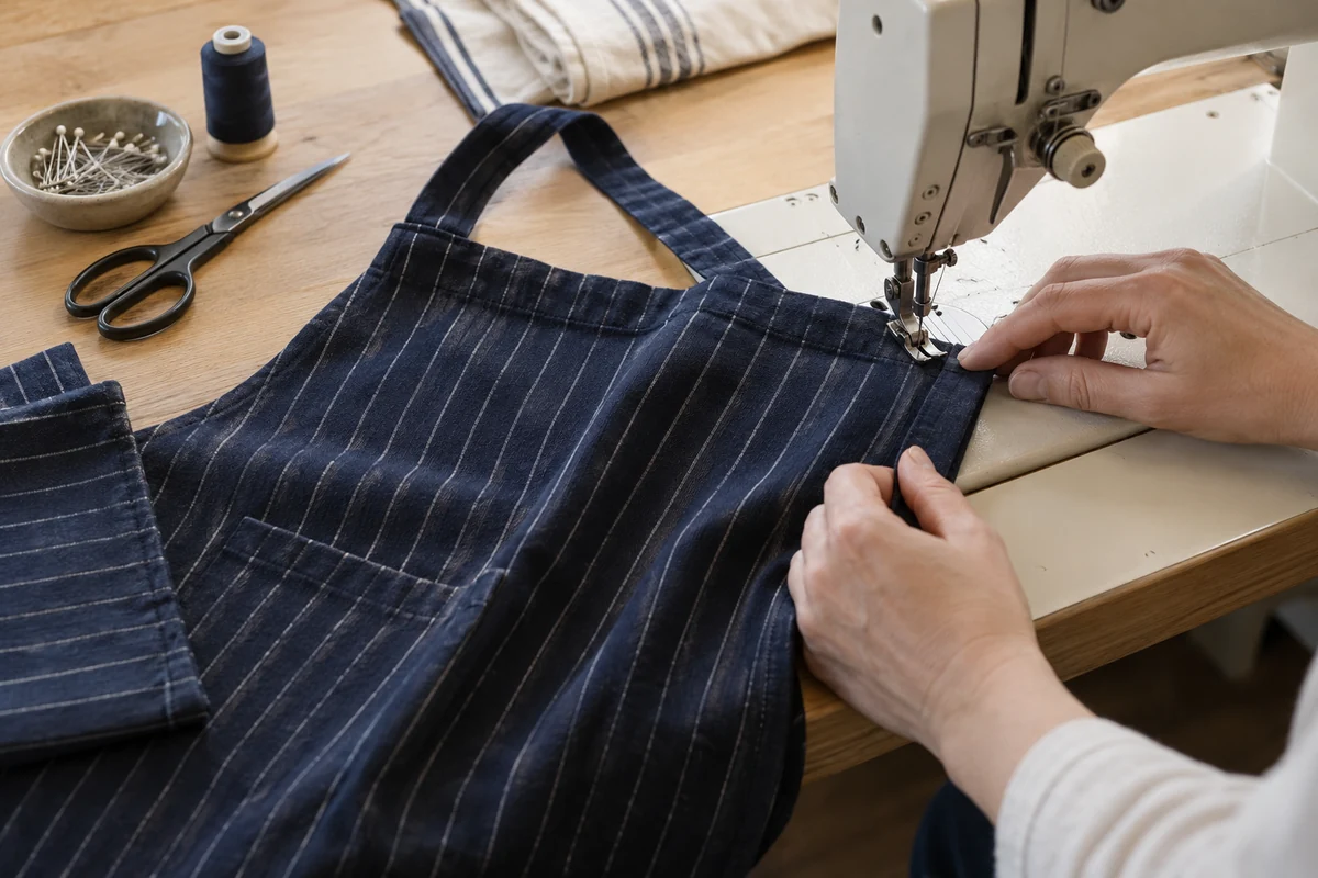 AI-generated illustration of sewing the hem of a navy pinstriped chef apron.
