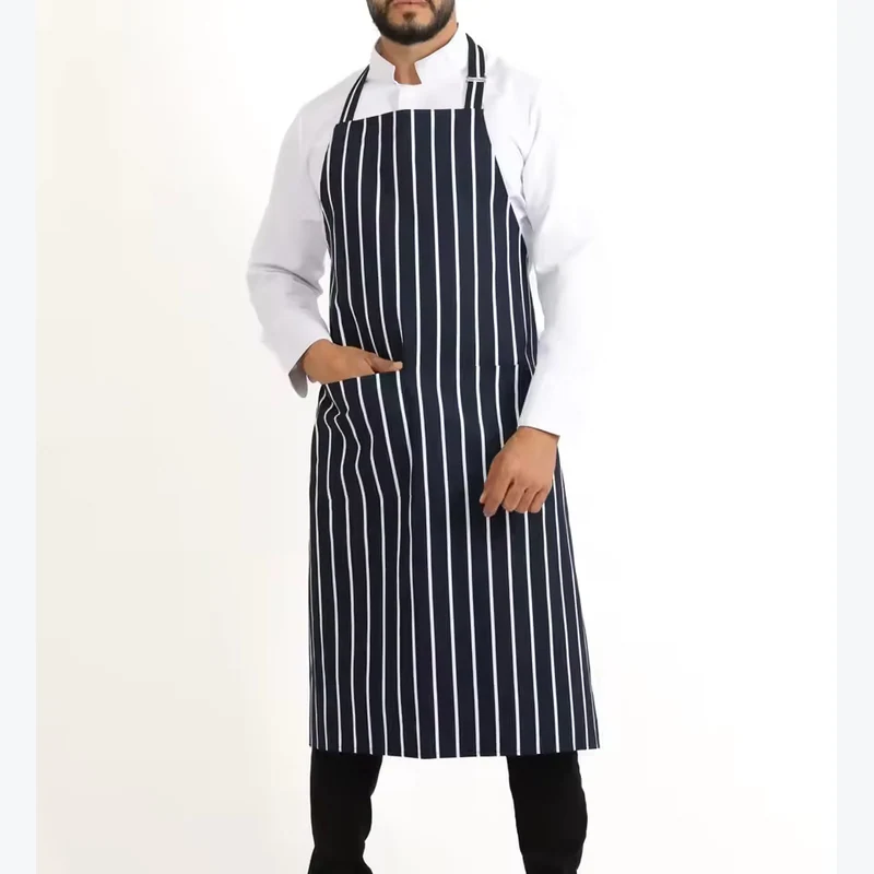 Long navy apron with fine white stripes.