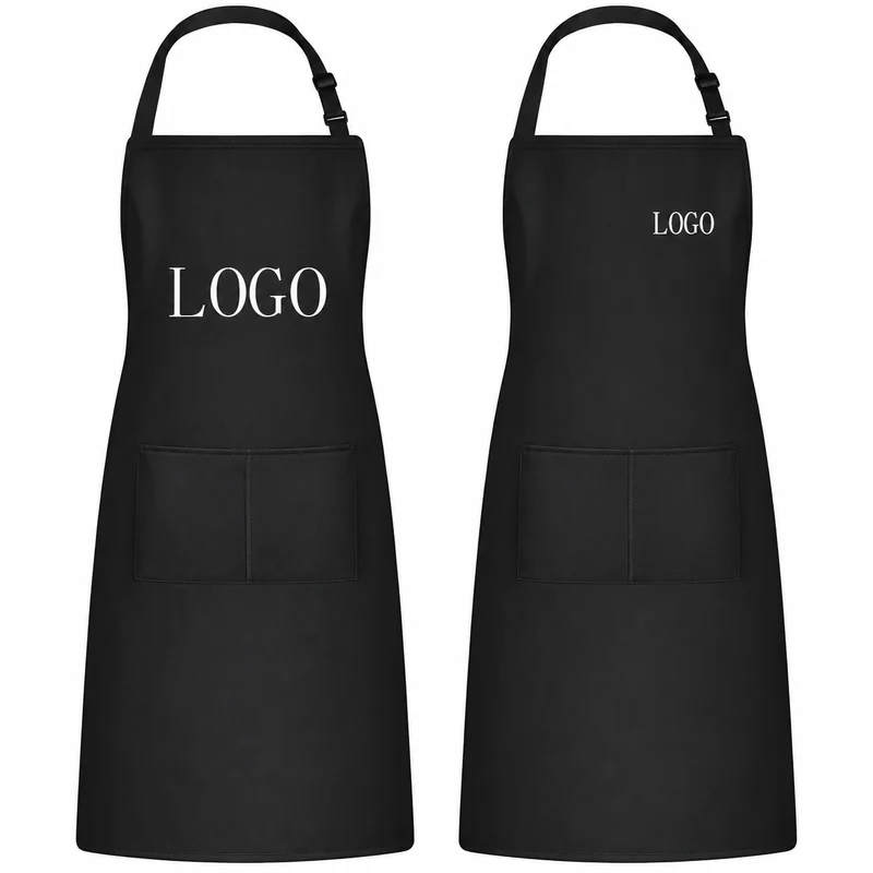 Black bib aprons with adjustable neck straps, front pockets, and logo placements.