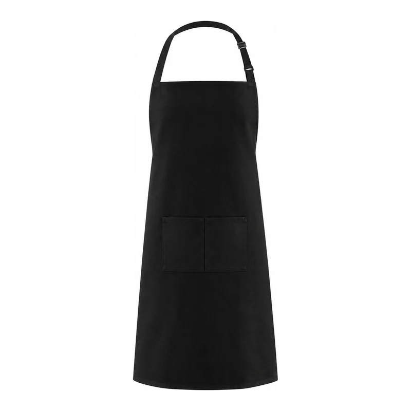Plain black full-length bib apron.