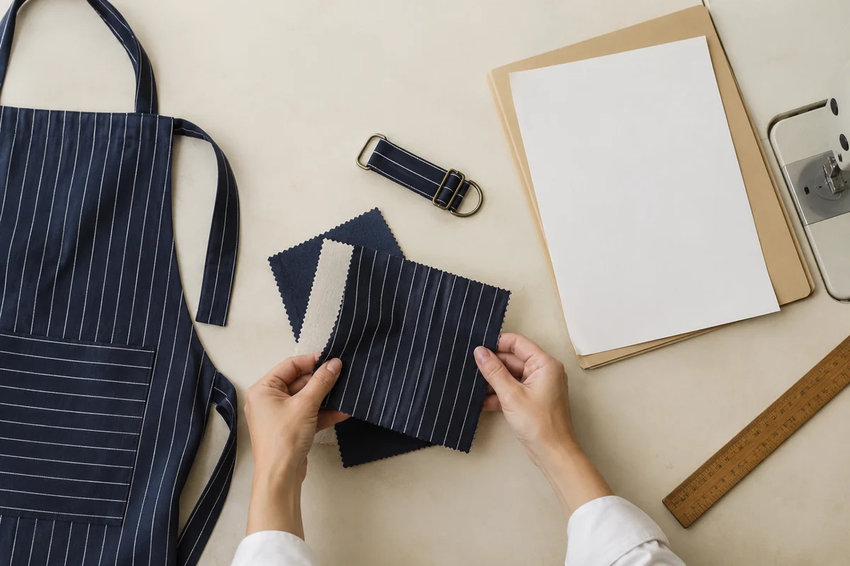 AI-generated illustration of navy pinstriped swatches, apron strap hardware, and a blank document sheet.