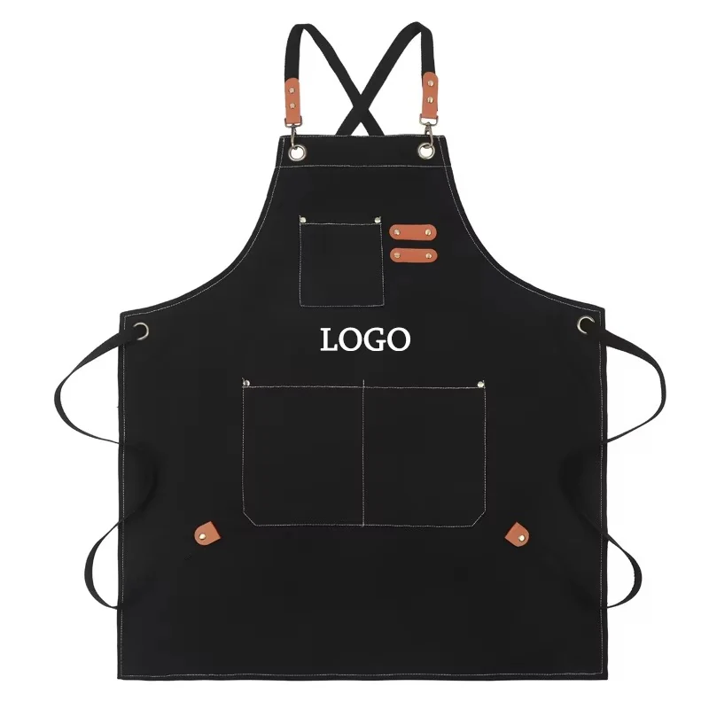 Black apron with crossed straps, brown tabs, and front pockets.