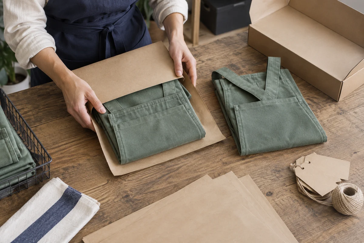AI-generated illustration of folded sage-green cross back aprons with packaging and tags.