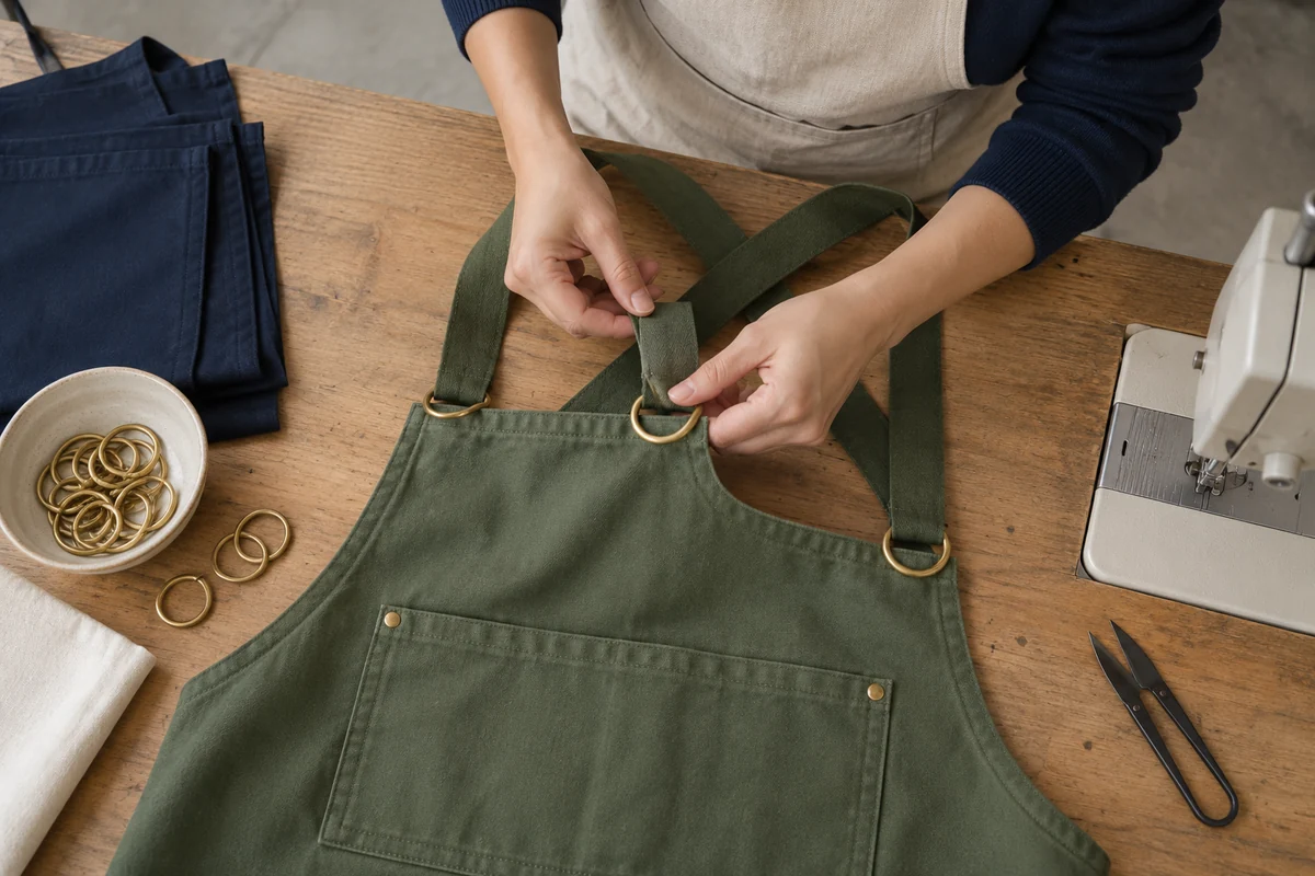 AI-generated illustration of attaching green apron straps to metal rings.