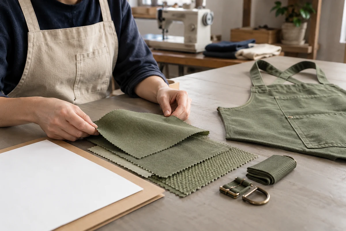 AI-generated illustration of green fabric swatches, apron strap hardware, and paperwork.