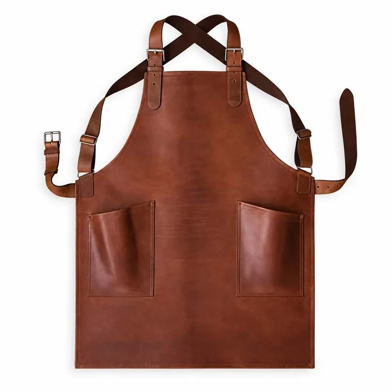Brown full-length apron with crossed shoulder straps.