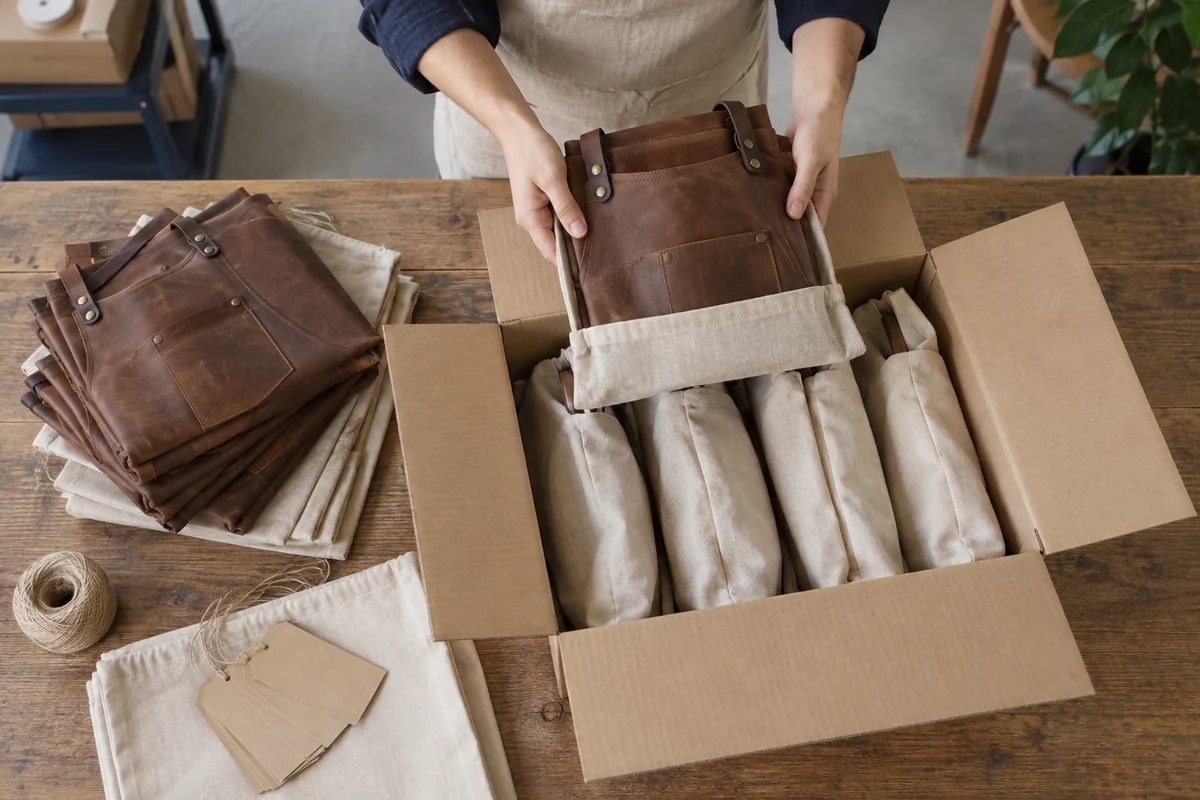 AI-generated illustration of folded brown leather aprons with packaging and tags.