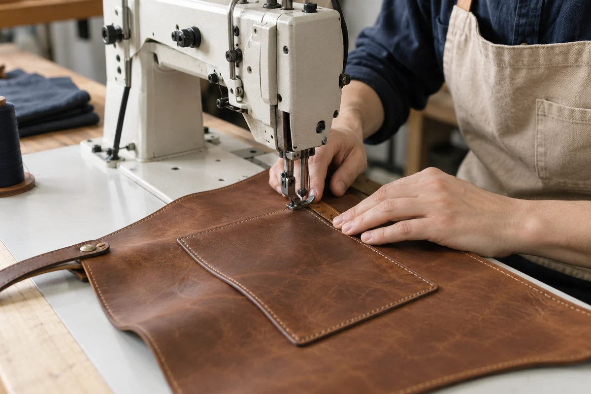 AI-generated illustration of edge stitching a brown leather apron pocket.