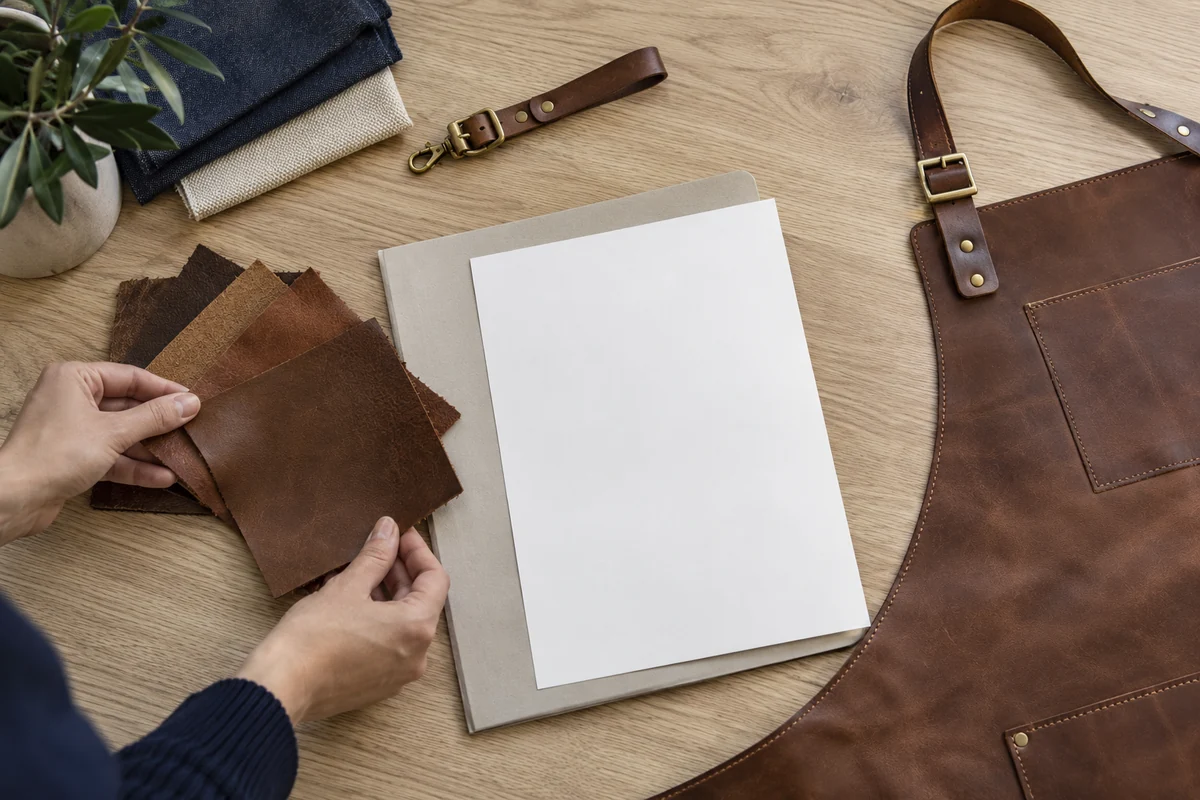 AI-generated illustration of brown leather swatches, apron strap hardware, and paperwork.