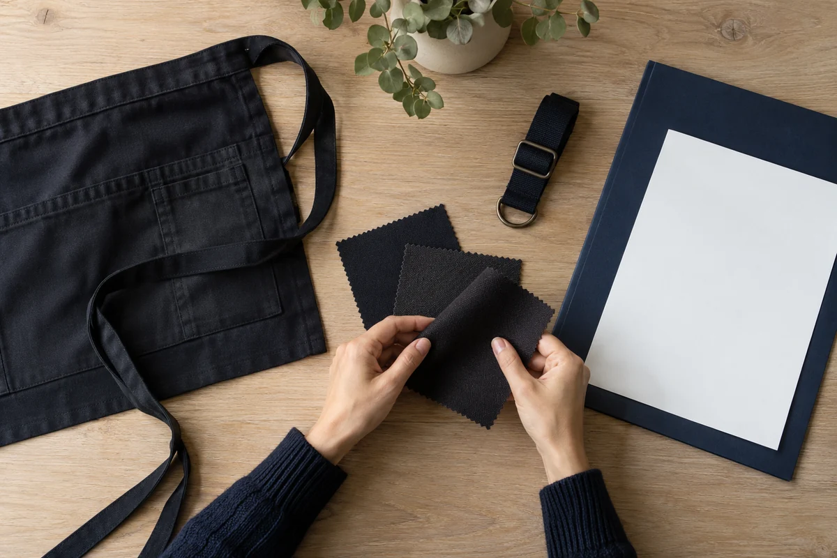 AI-generated illustration of black fabric swatches, apron strap hardware, and a blank document sheet.
