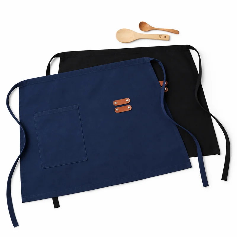 Navy and black waist aprons with front pockets and waist ties.