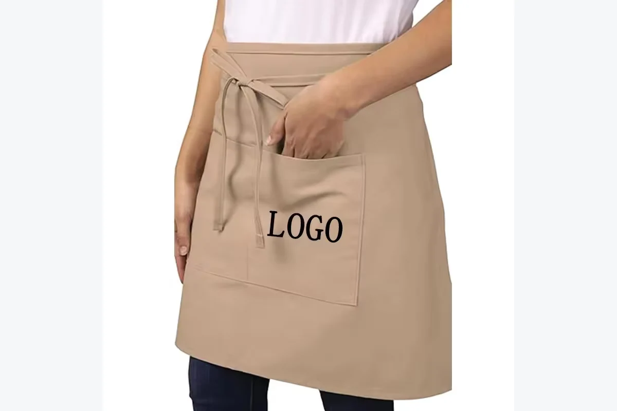 Beige waist apron with the word LOGO on its front pocket.