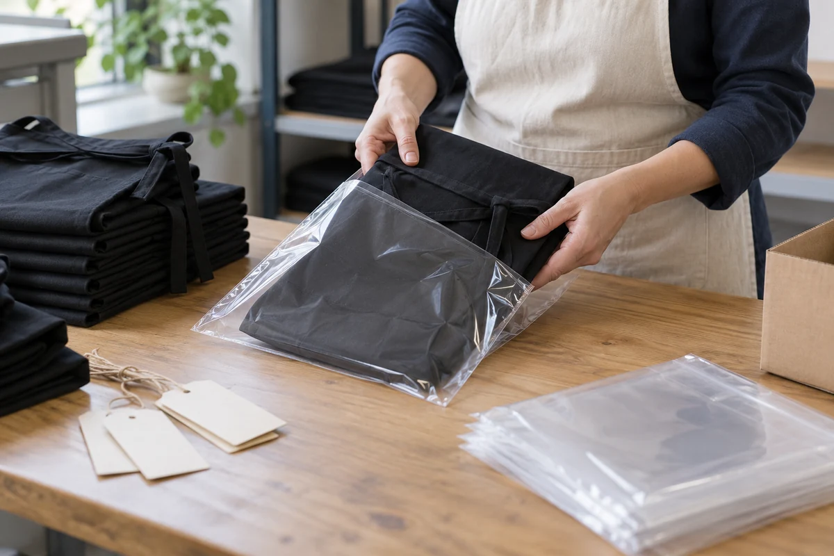 AI-generated illustration of folded black waist aprons being packed in clear bags.