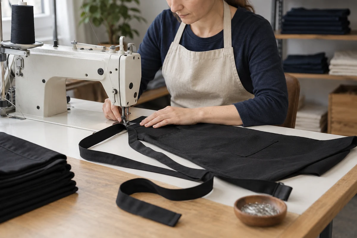 AI-generated illustration of sewing long ties onto a black waist apron.