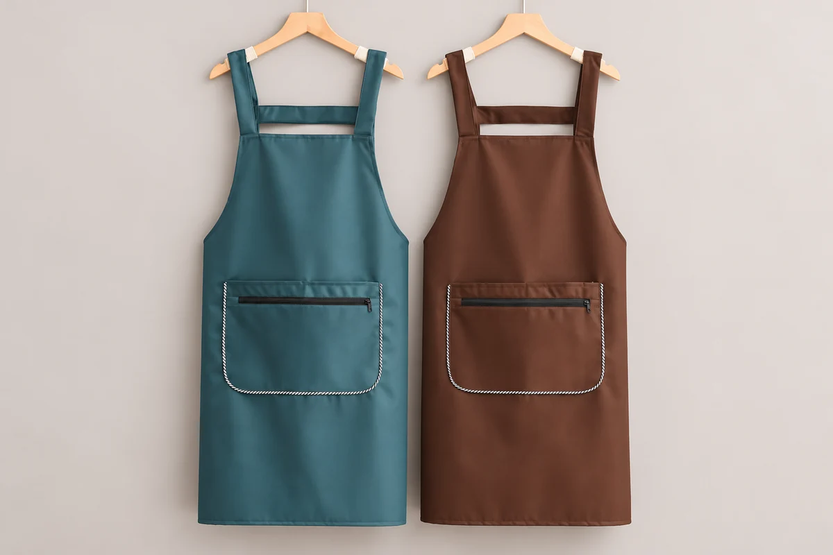 Aprons with smooth surfaces in brown and blue.