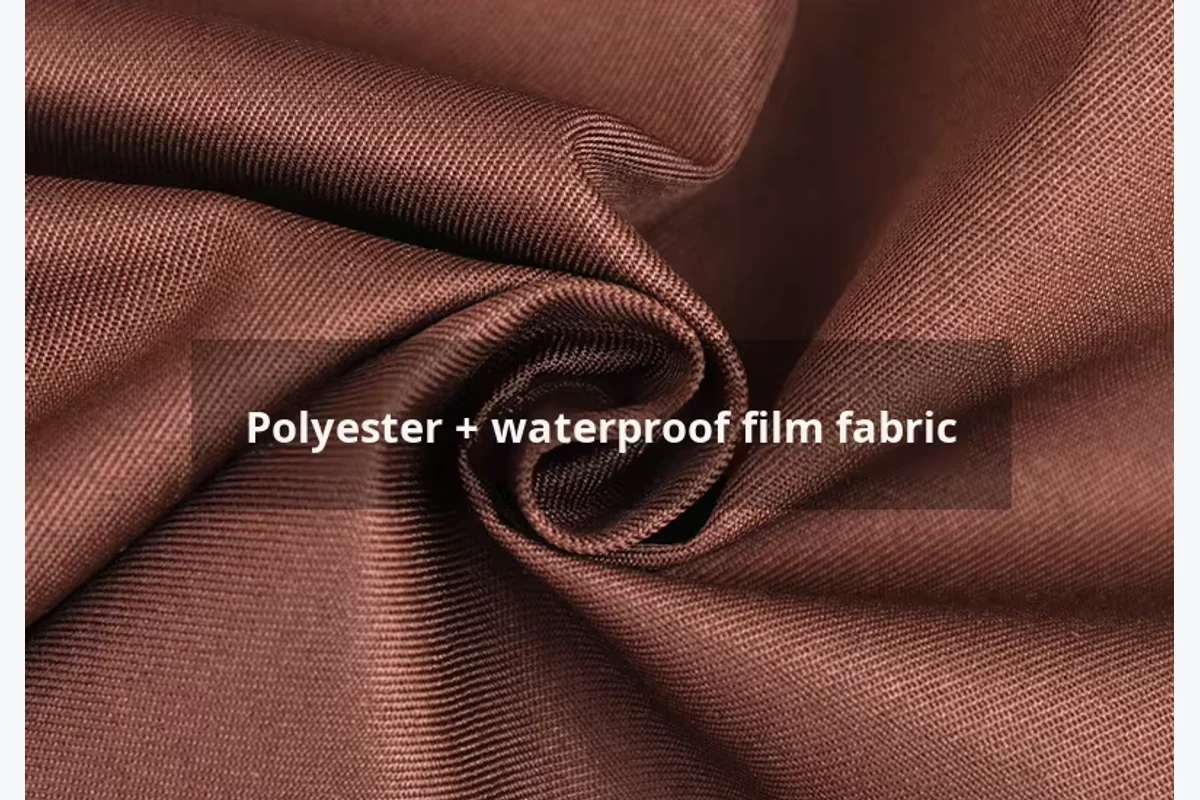 Brown fabric labeled “Polyester + waterproof film fabric.”