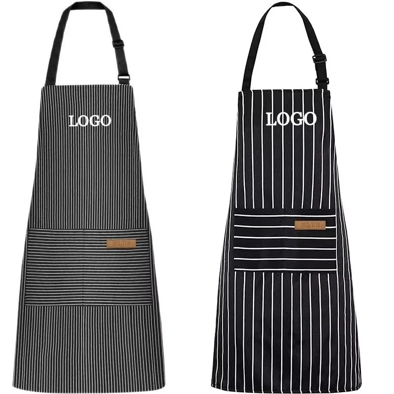 Two black bib aprons with different white stripe patterns and neck straps.