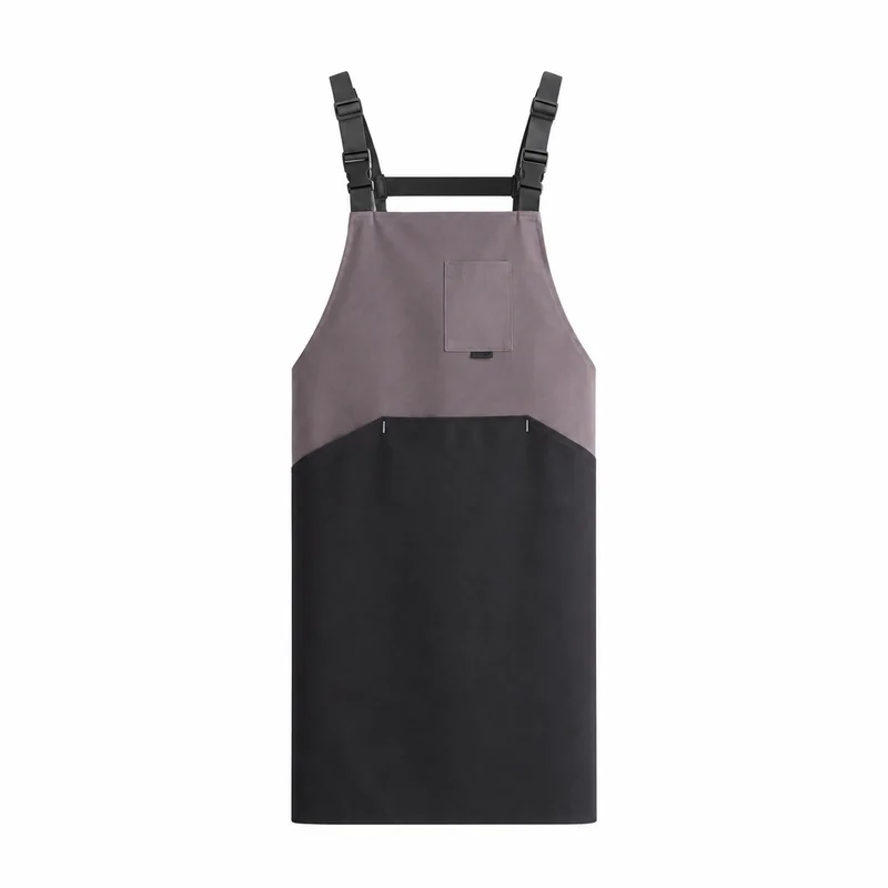 Gray and black full-length apron with adjustable shoulder straps.