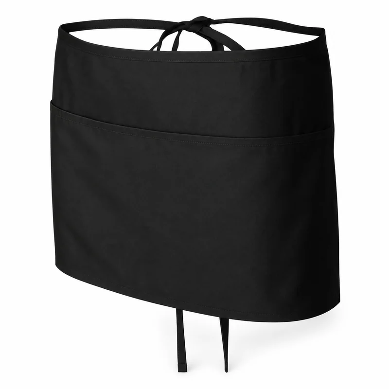 Plain black waist apron with waist ties.