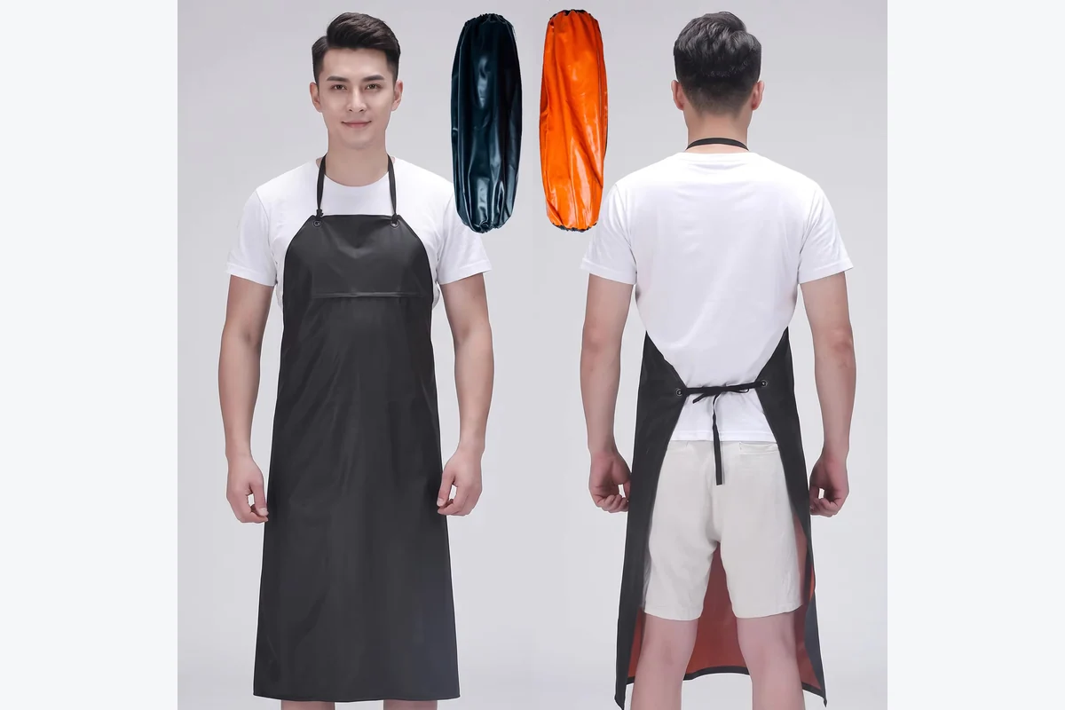 A long dark apron viewed from the front and back.