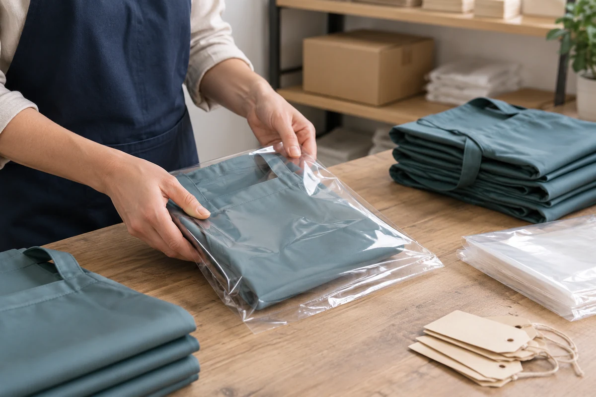 AI-generated illustration of folded teal coated-fabric aprons with packaging and tags.