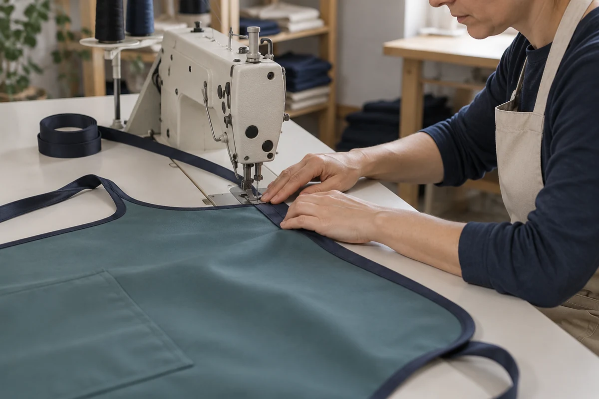 AI-generated illustration of sewing edge binding onto a teal coated-fabric apron panel.