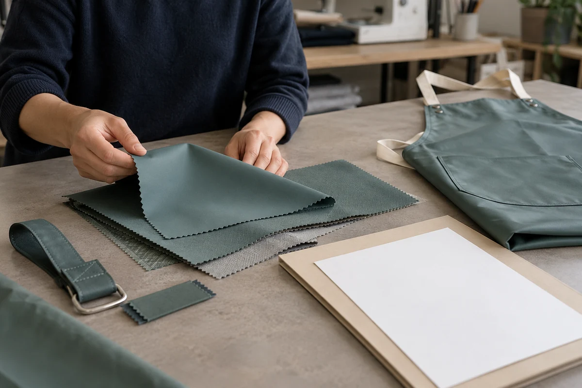 AI-generated illustration of teal coated-fabric swatches, apron strap hardware, and paperwork.