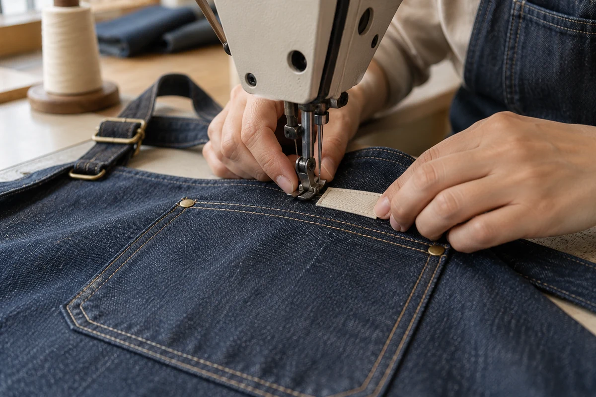AI-generated illustration of attaching a woven label to a denim work apron pocket.