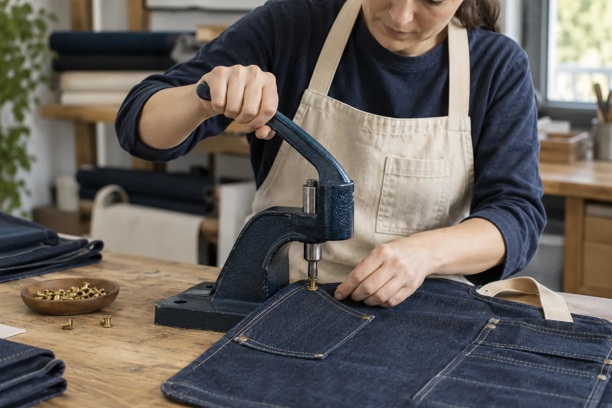AI-generated illustration of installing a brass rivet in a reinforced denim apron pocket.